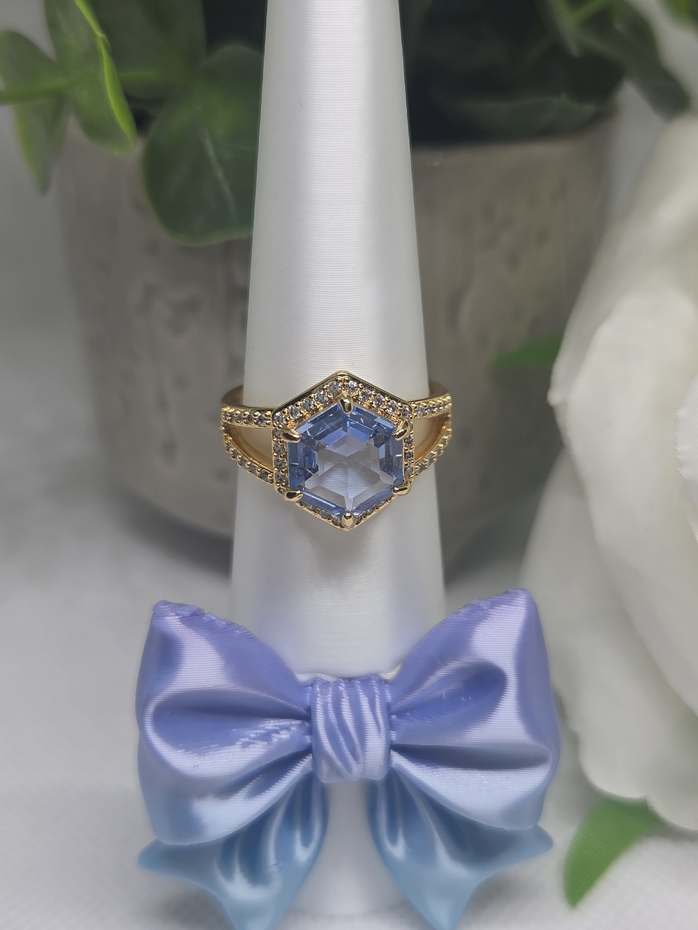 BP Gold Plated Ring with Hexagonal Light Blue Spinel and Pavé Accents